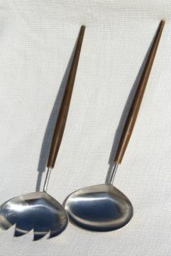 mod vintage salad servers made in Japan, stainless steel spoon & fork w/ wood handles