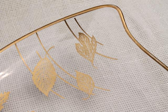 mod vintage shaped glass bowl w/ gold leaf pattern, golden foliage autumn leaves
