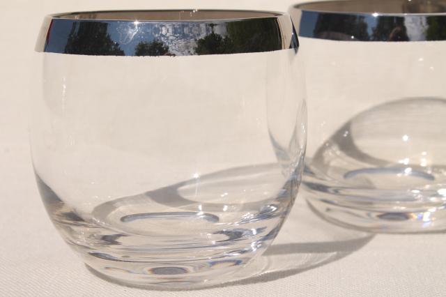mod vintage silver band roly poly glasses, round tumblers w/ platinum trim