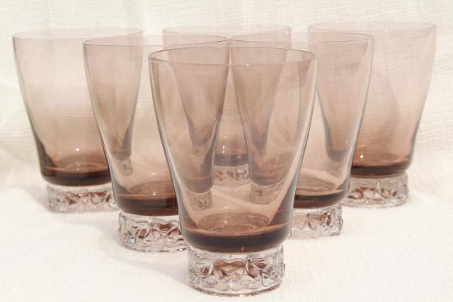 mod vintage smoke brown / crystal glass cocktail set of 6 drinking glasses, highball tumblers 