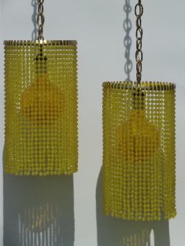 Mod vintage swag lamp set, retro yellow gypsy bead curtain shade lights