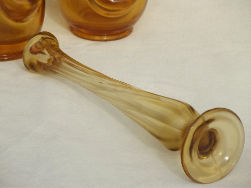 Mod vintage swung glass vases & bud vase lot, 60s vintage amber glass