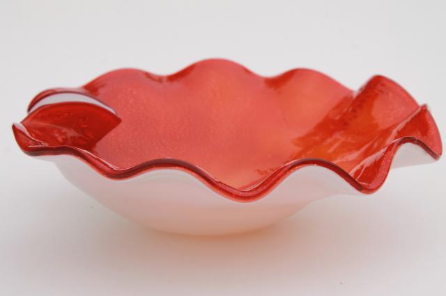 mod vintage tangerine orange / white cased glass bowl, hand blown free form Murano glass