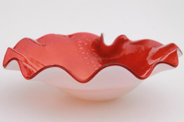 mod vintage tangerine orange / white cased glass bowl, hand blown free form Murano glass