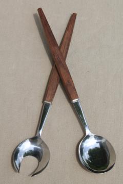mod vintage teak wood handle salad servers, stainless steel spork fork & spoon