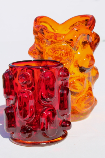 Mod vintage textured glass candle holders or vases, lumpy glass in red & lava orange