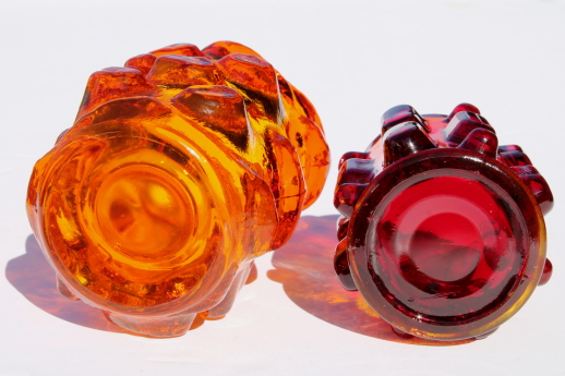 Mod vintage textured glass candle holders or vases, lumpy glass in red & lava orange