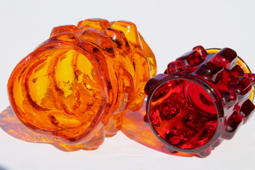 Mod vintage textured glass candle holders or vases, lumpy glass in red & lava orange