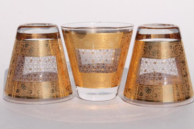 mod vintage whiskey glasses w/ encrusted gold bands - Georges Briard? Culver?