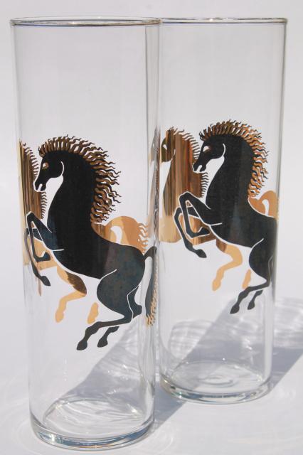 mod vintage zombie glasses w/ rearing horses, retro tall skinny tumblers cocktail happy hour bar