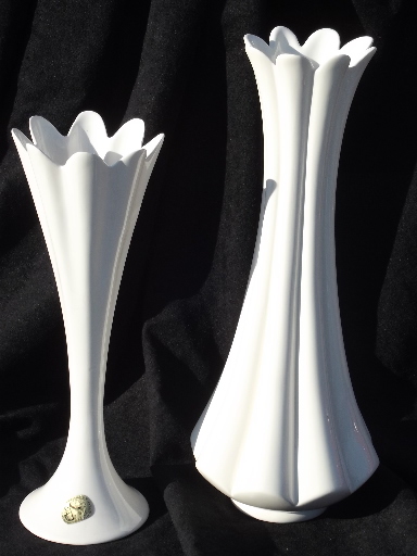 Mod white pottery vases, retro mid-century vintage California studio art