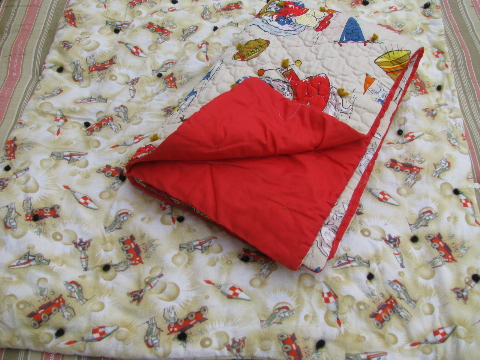 Moon spacemen & football animals, retro 60s vintage baby quilt blankets