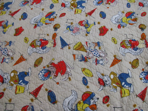 Moon spacemen & football animals, retro 60s vintage baby quilt blankets