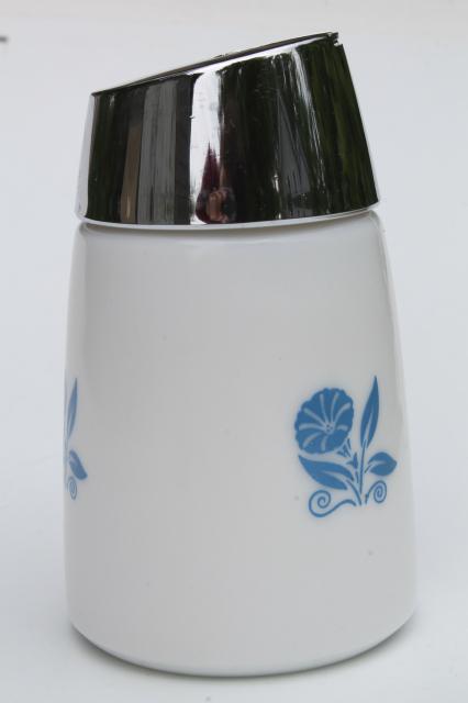 morning glory blue corn flower milk glass sugar dispenser, vintage Gemco type shaker jar