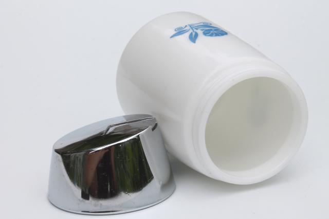 morning glory blue corn flower milk glass sugar dispenser, vintage Gemco type shaker jar
