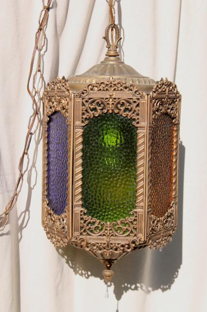 moroccan lantern w/ colored glass panels, bohemian vintage swag lamp hanging light