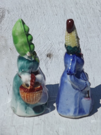 Mrs. Peapod & Corn lady anthropomorphic salt & pepper, Japan S&P shakers