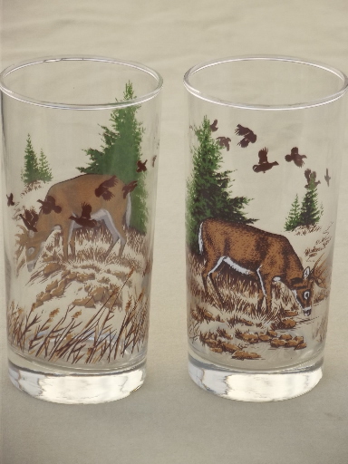 Mule deer drinking glasses, Libbey glass tumblers set w/ buck deer decal