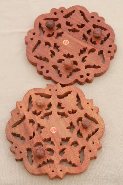 natural carved wood trivets, bohemian style vintage India Indian wood tiles