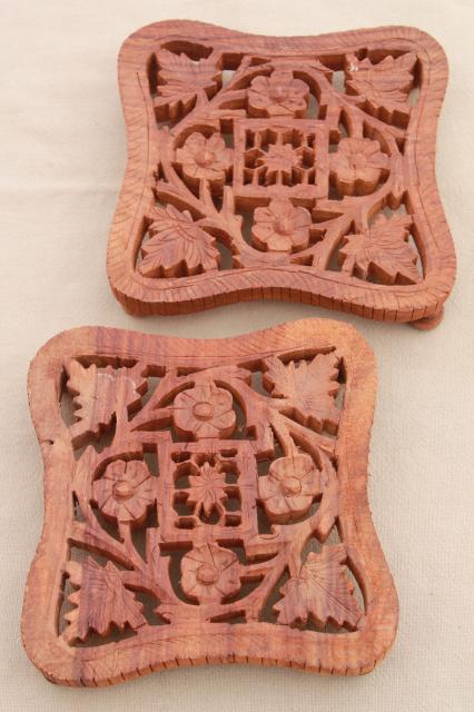 natural carved wood trivets, bohemian style vintage India Indian wood tiles