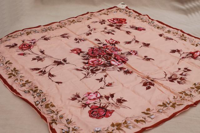 new w/ label vintage silk scarf square w/ water repellent finish, rose print blush pink