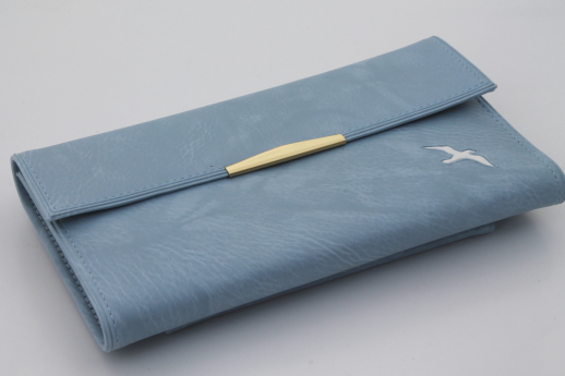 New old stock ladies wallet w/ checkbook holder, blue vinyl wallet w/ seagull