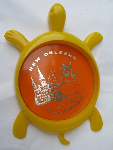 New Orleans souvenir turtles, retro vintage plastic coasters set