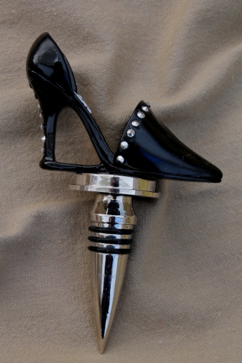 New stock wine bottle stoppers w/ retro shoes, rhinestone studded black high heels