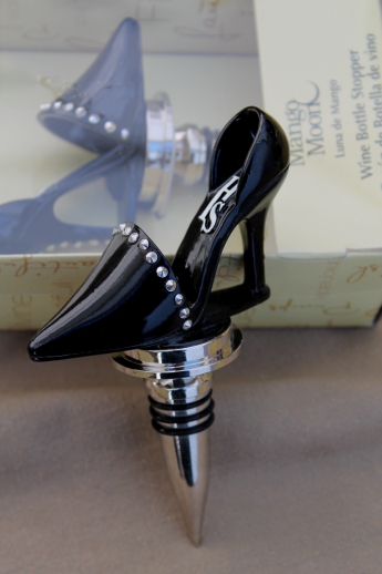 New stock wine bottle stoppers w/ retro shoes, rhinestone studded black high heels