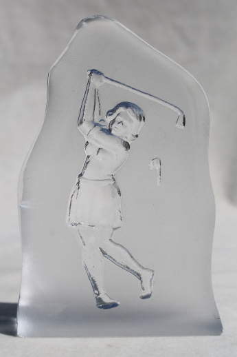 Nybro Sweden art glass golfing girl, heavy crystal paperweight w/ lady golfer
