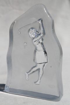 Nybro Sweden art glass golfing girl, heavy crystal paperweight w/ lady golfer