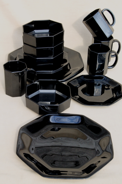 Octime Arcoroc vintage black glass dinnerware set, modern geometric plates, bowls, mugs