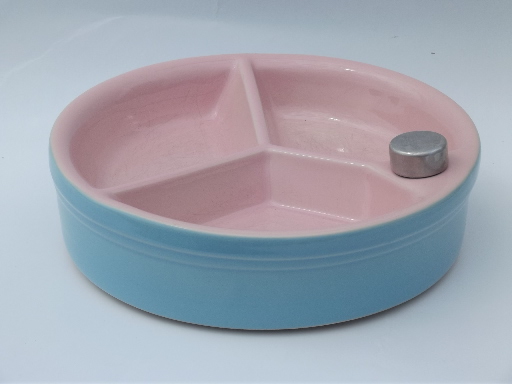 Old California porcelain baby dish food warmer, pink and blue ironstone china
