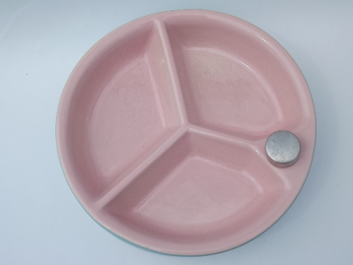 Old California porcelain baby dish food warmer, pink and blue ironstone china