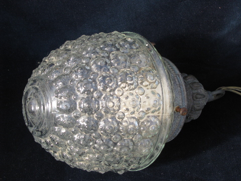 Old glass shade bubble pendant light fixture, vintage cast metal hanging lamp