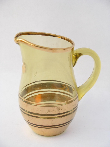 Old gold decorated amber glass cream pitcher & sugar, never used w/ original label