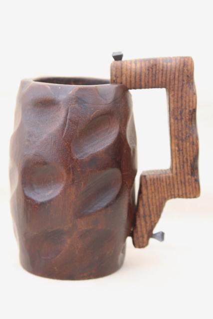 old hand carved wood mug, rustic medieval faire wine cup w/ waist belt loop 