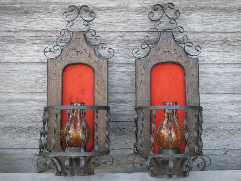 Old Mexico carved wood & iron wall niche candle sconces, amber shades