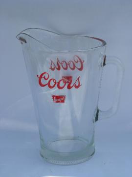 Old red Coors beer logo, vintage heavy glass bar pitcher