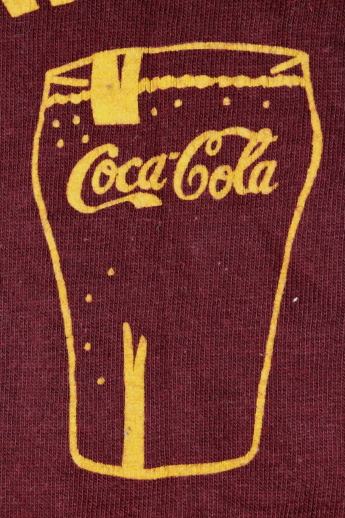 Old-time drugstore soda fountain Cola-Cola advertising, vintage cotton jersey baseball shirt