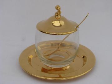 Oneida Tudor gold hollow ware, jam pot w/ spoon, underplate, glass jar
