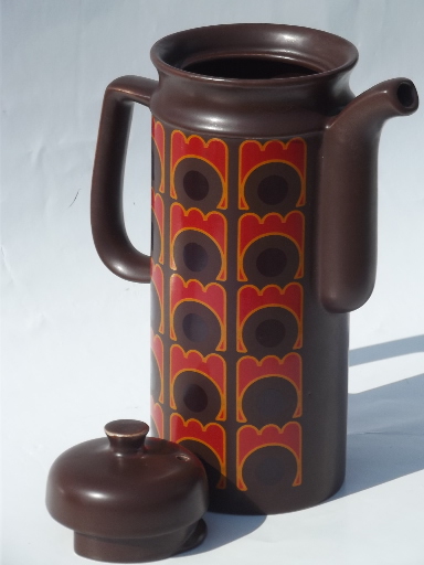 Op-art mod dots 60s vintage English matte pottery coffee pot and canister