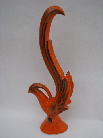 Orange bird, tall & thin ceramic statuette, vintage California pottery