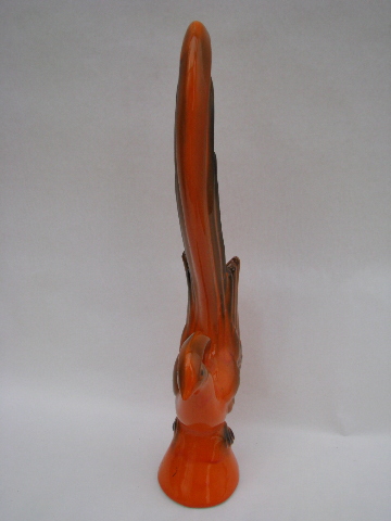 Orange bird, tall & thin ceramic statuette, vintage California pottery