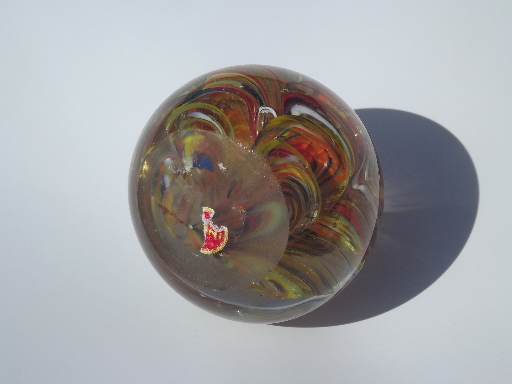 Orange swirls Murano glass paperweight, vintage Barbini art glass label