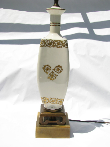Oriental white / gold china vase table lamp, 70s vintage asian modern