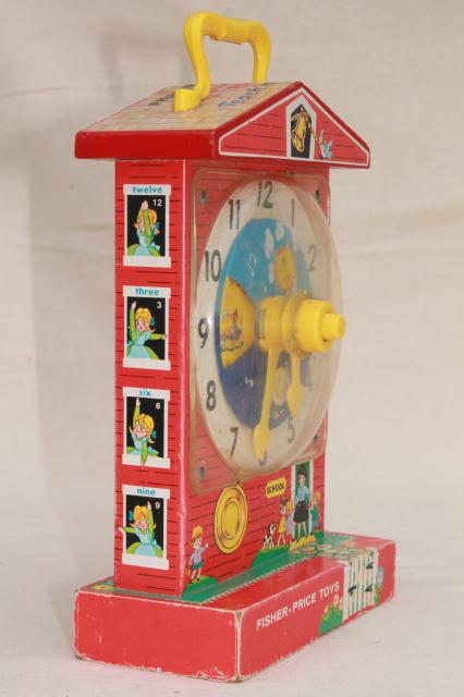 original 60s 70s vintage Fisher Price toy schoolhouse clock teaching time music box