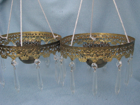 Ornate gold lamp bobeches w/glass prisms, vintage light shade brackets