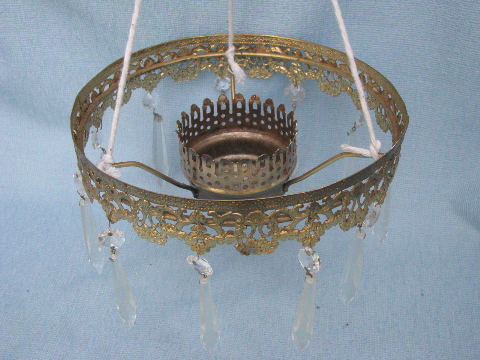 Ornate gold lamp bobeches w/glass prisms, vintage light shade brackets