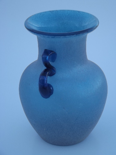 Overshot art glass vase, sand textured blue jar w/ cobalt blue handles